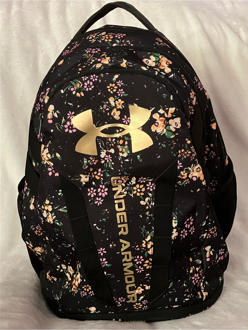 Under Armour Black Floral Backpack with Metallic Gold Logo